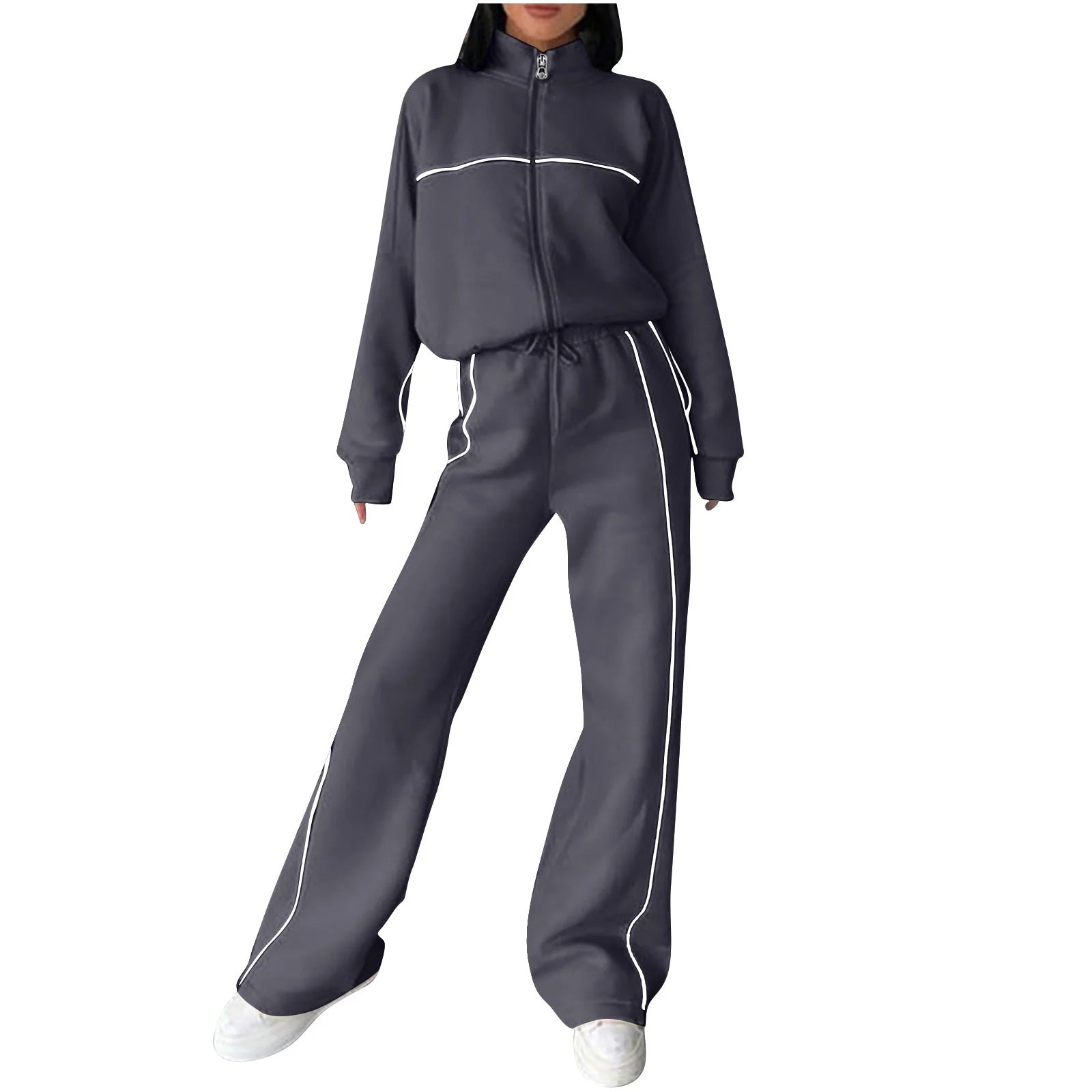 Cotton Tracksuits Womens 2 Piece Fall Winter Sports Outfits Full Zip Sweatshirt Wide Leg Sweatpant Set Retro Sweatsuit (S, Dark Gray)