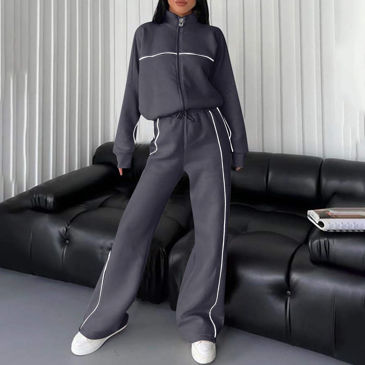 Cotton Tracksuits Womens 2 Piece Fall Winter Sports Outfits Full Zip Sweatshirt Wide Leg Sweatpant Set Retro Sweatsuit (S, Dark Gray)