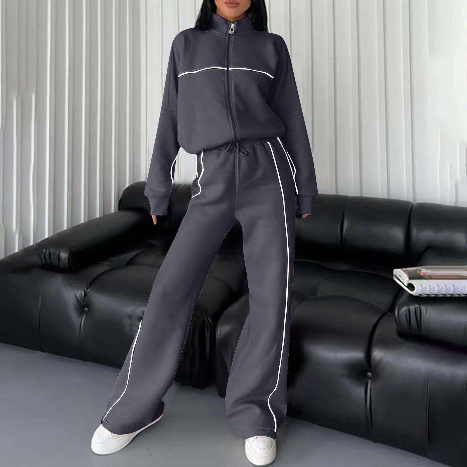 Cotton Tracksuits Womens 2 Piece Fall Winter Sports Outfits Full Zip Sweatshirt Wide Leg Sweatpant Set Retro Sweatsuit (S, Dark Gray)