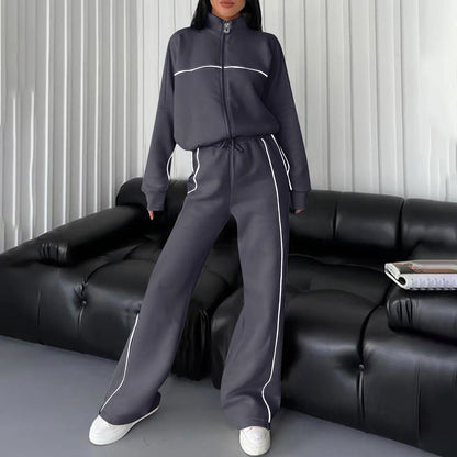Cotton Tracksuits Womens 2 Piece Fall Winter Sports Outfits Full Zip Sweatshirt Wide Leg Sweatpant Set Retro Sweatsuit (S, Dark Gray)