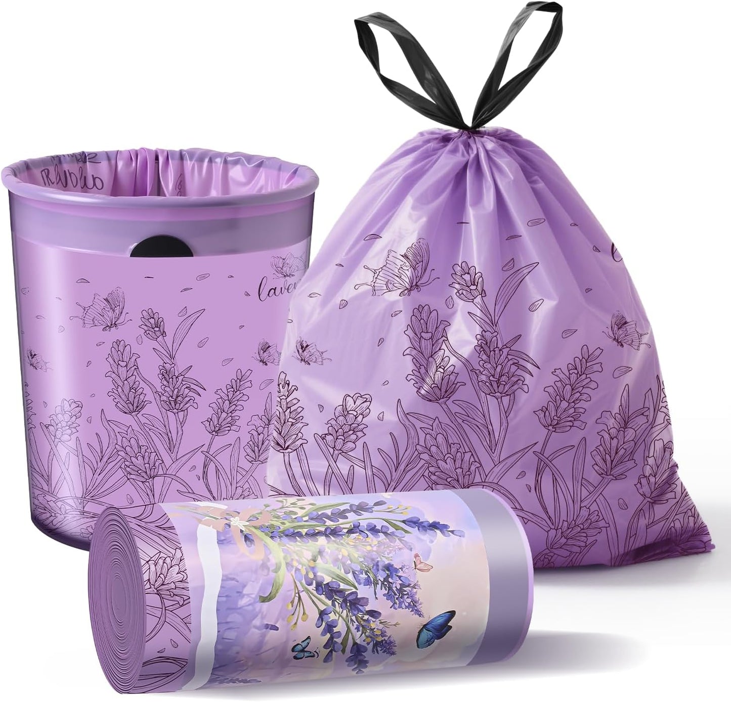 Lavender Scented Small Garbage Bags,Trash Bags 4 Gallon Drawstring for Bathroom,Office,Bedroom,Car,Suitable for 2-4 Gallon Trash Can,Colorful Print,Purple,50 Counts