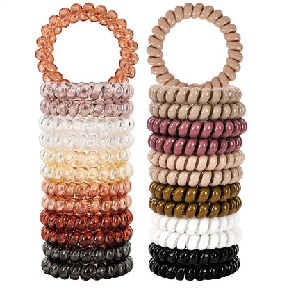 Spiral Hair Ties 24Pcs No Crease Clear Brown Coil Hair Ties Spiral Ponytail Holders Coils Scrunchies Plastic Phone Cord Hair Bands for Women Girls (Neutral Colors-Large Size)