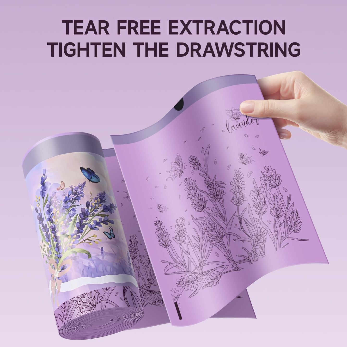 Lavender Scented Small Garbage Bags,Trash Bags 4 Gallon Drawstring for Bathroom,Office,Bedroom,Car,Suitable for 2-4 Gallon Trash Can,Colorful Print,Purple,50 Counts