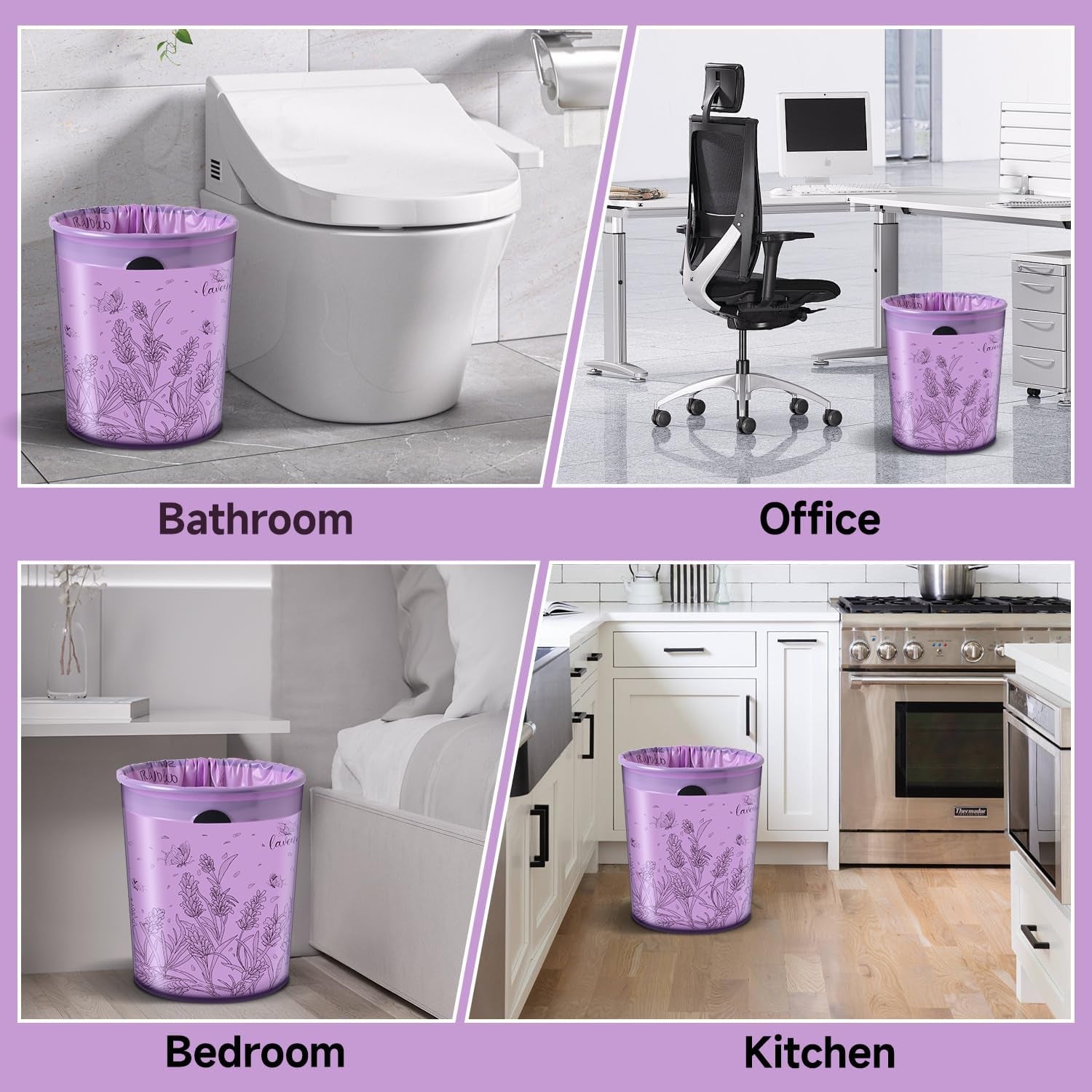 Lavender Scented Small Garbage Bags,Trash Bags 4 Gallon Drawstring for Bathroom,Office,Bedroom,Car,Suitable for 2-4 Gallon Trash Can,Colorful Print,Purple,50 Counts