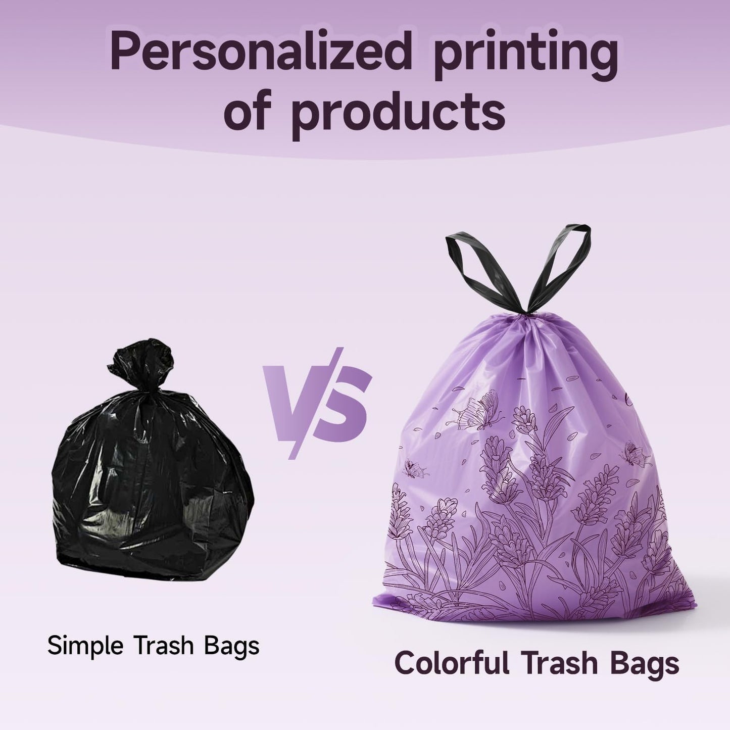 Lavender Scented Small Garbage Bags,Trash Bags 4 Gallon Drawstring for Bathroom,Office,Bedroom,Car,Suitable for 2-4 Gallon Trash Can,Colorful Print,Purple,50 Counts
