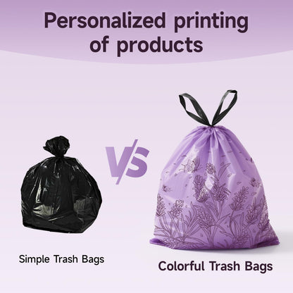 Lavender Scented Small Garbage Bags,Trash Bags 4 Gallon Drawstring for Bathroom,Office,Bedroom,Car,Suitable for 2-4 Gallon Trash Can,Colorful Print,Purple,50 Counts