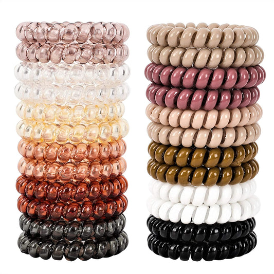 Spiral Hair Ties 24Pcs No Crease Clear Brown Coil Hair Ties Spiral Ponytail Holders Coils Scrunchies Plastic Phone Cord Hair Bands for Women Girls (Neutral Colors-Large Size)