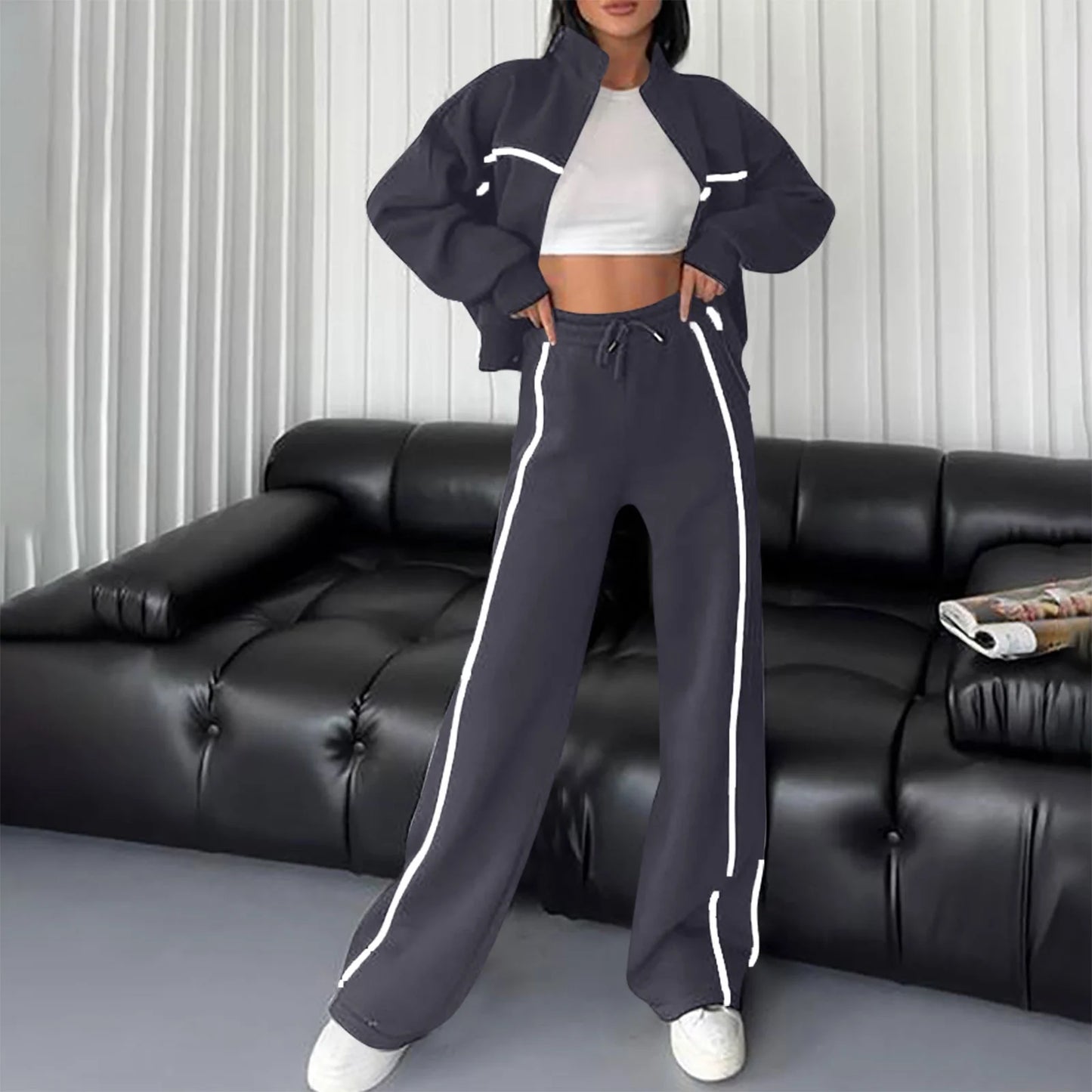 Cotton Tracksuits Womens 2 Piece Fall Winter Sports Outfits Full Zip Sweatshirt Wide Leg Sweatpant Set Retro Sweatsuit (S, Dark Gray)