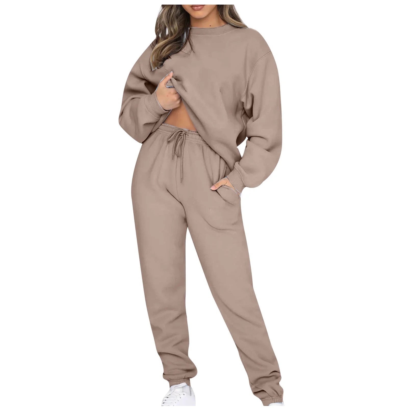 Sweatsuit for Women 2 Piece Outfits Solid Color Long Sleeve Crewneck Sweatshirts Pullover Drawstring Jogging Sweat Suit with Pockets 2024