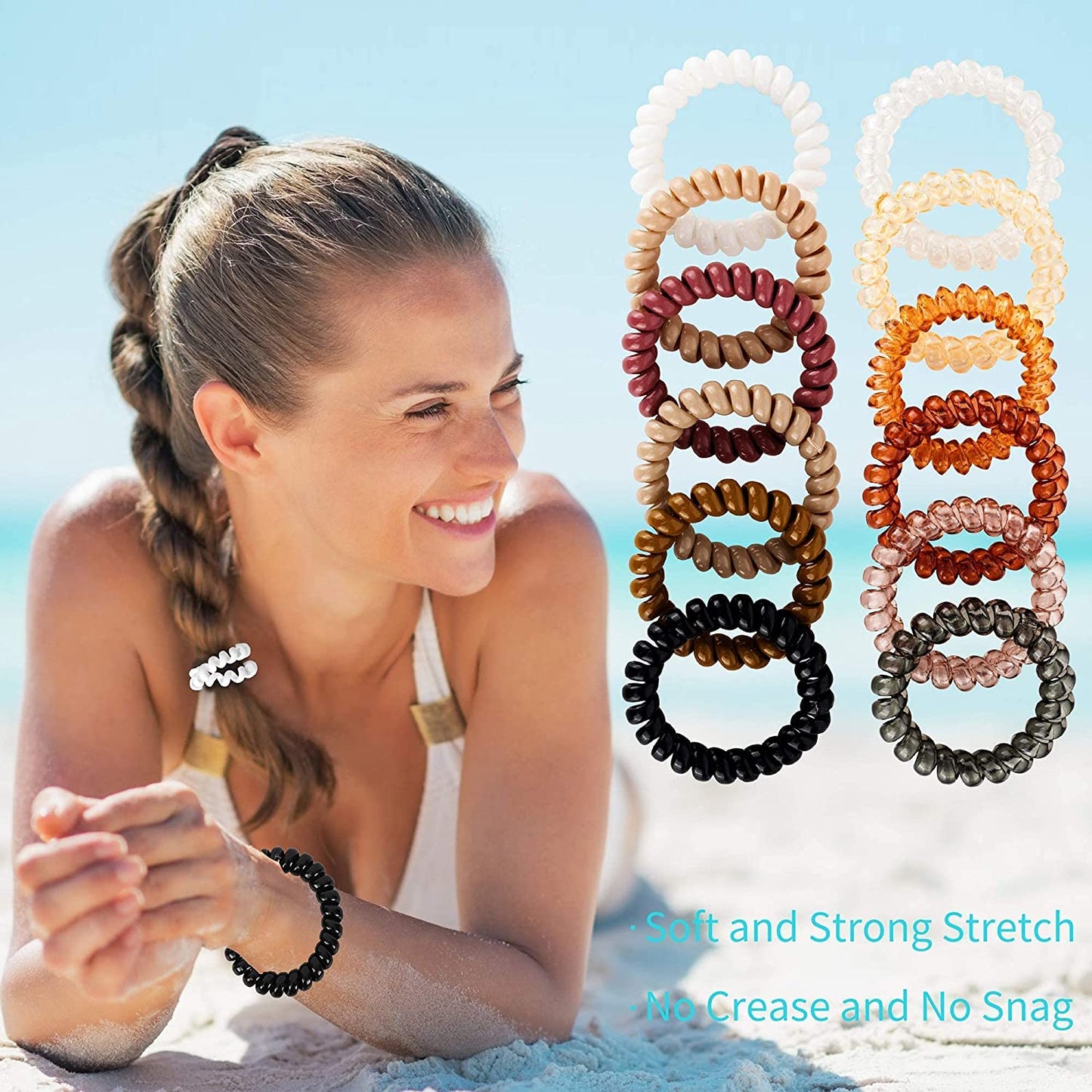 Spiral Hair Ties 24Pcs No Crease Clear Brown Coil Hair Ties Spiral Ponytail Holders Coils Scrunchies Plastic Phone Cord Hair Bands for Women Girls (Neutral Colors-Large Size)
