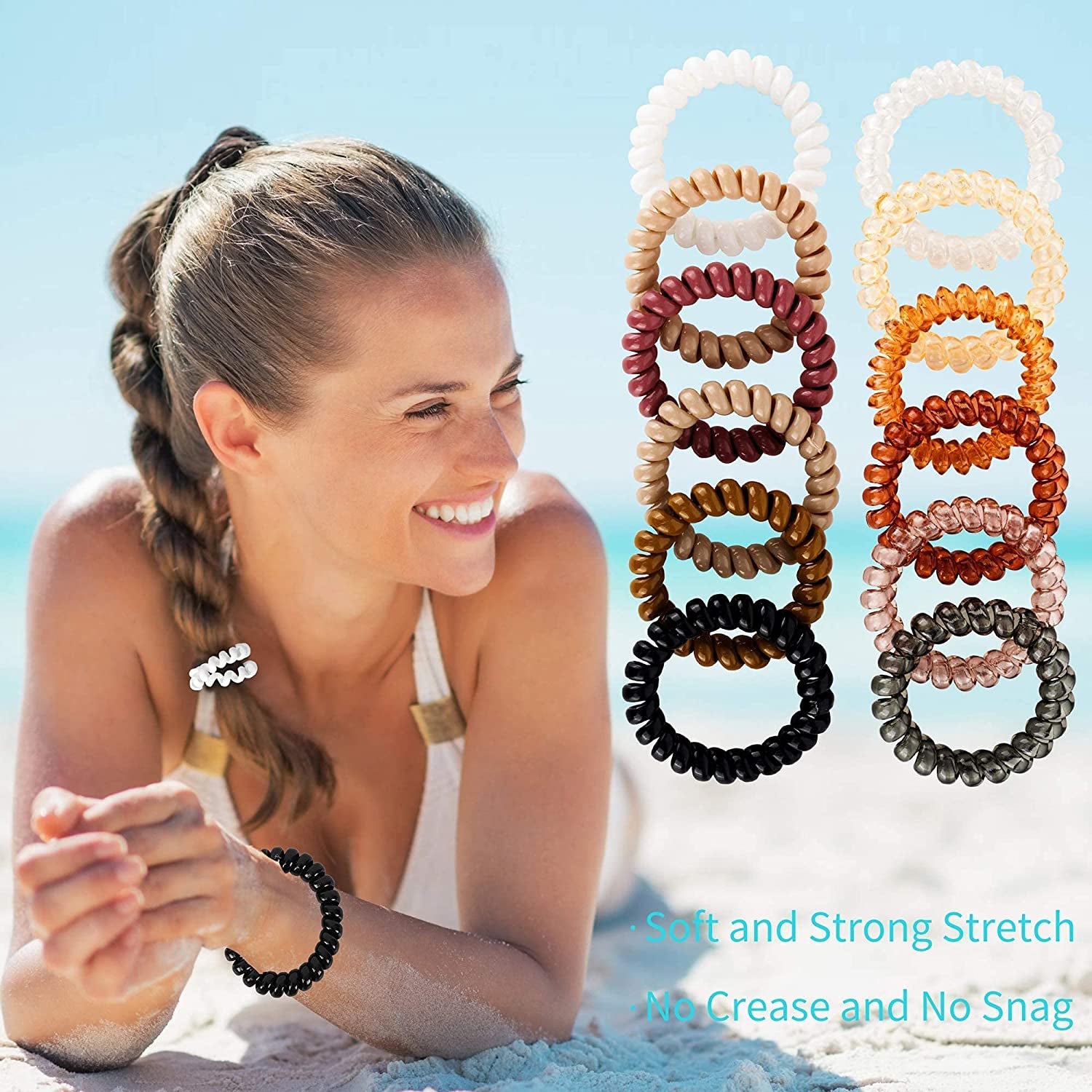 Spiral Hair Ties 24Pcs No Crease Clear Brown Coil Hair Ties Spiral Ponytail Holders Coils Scrunchies Plastic Phone Cord Hair Bands for Women Girls (Neutral Colors-Large Size)