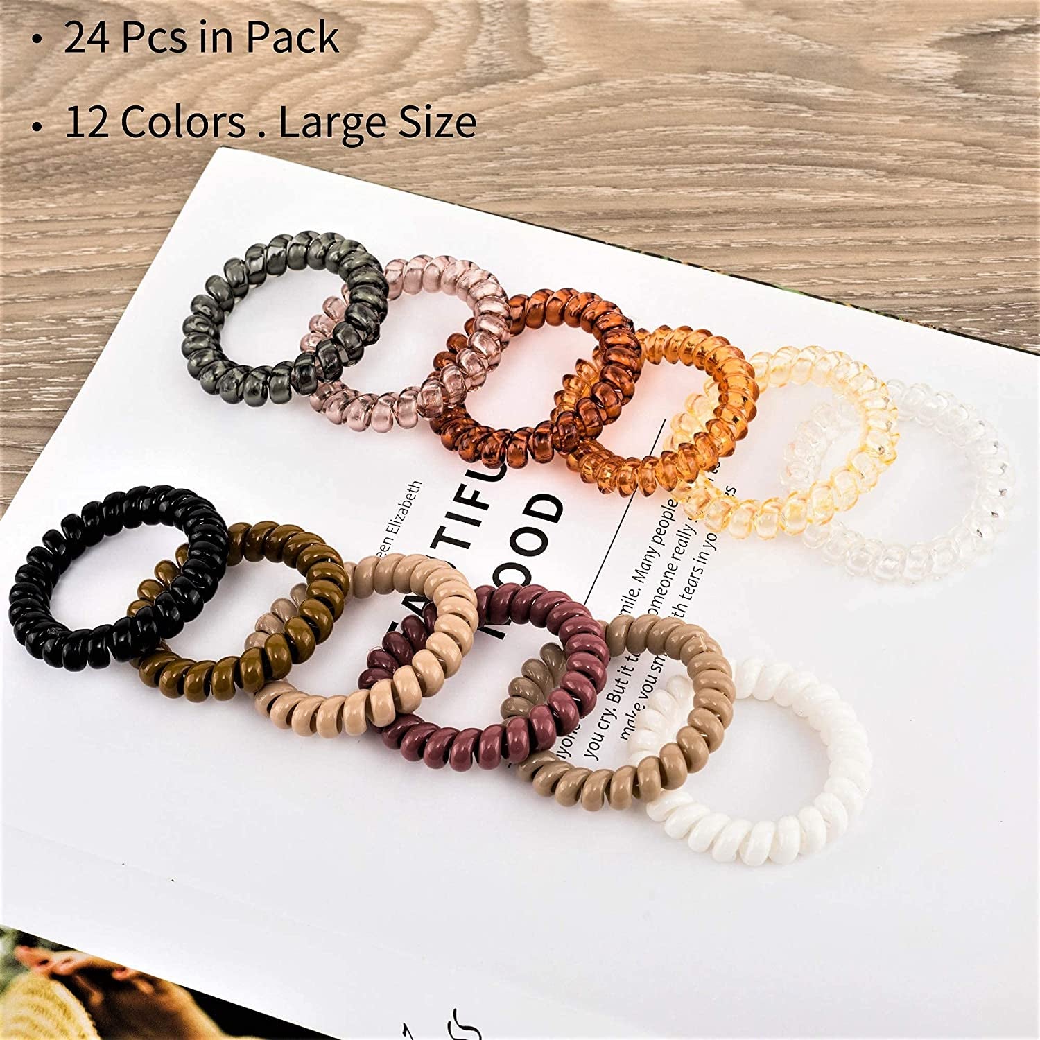 Spiral Hair Ties 24Pcs No Crease Clear Brown Coil Hair Ties Spiral Ponytail Holders Coils Scrunchies Plastic Phone Cord Hair Bands for Women Girls (Neutral Colors-Large Size)