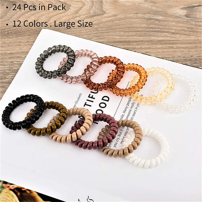 Spiral Hair Ties 24Pcs No Crease Clear Brown Coil Hair Ties Spiral Ponytail Holders Coils Scrunchies Plastic Phone Cord Hair Bands for Women Girls (Neutral Colors-Large Size)