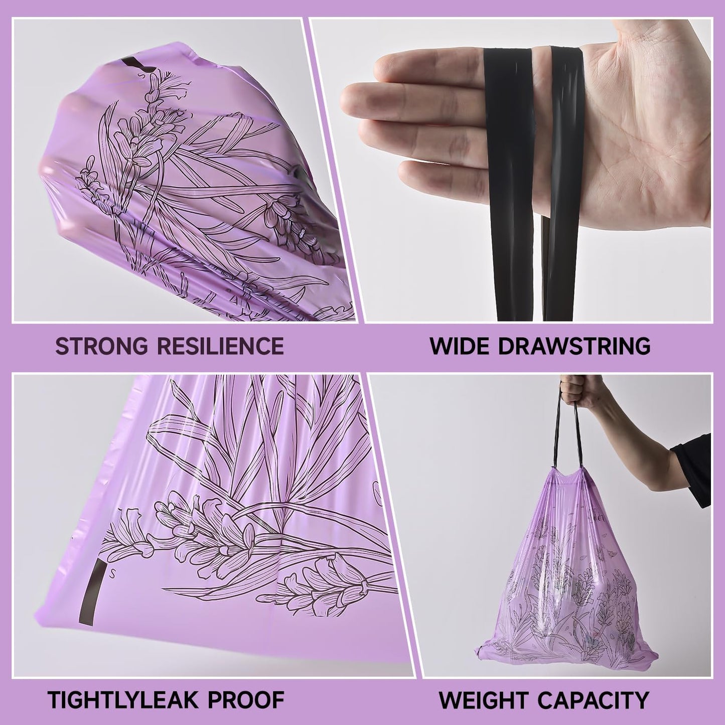 Lavender Scented Small Garbage Bags,Trash Bags 4 Gallon Drawstring for Bathroom,Office,Bedroom,Car,Suitable for 2-4 Gallon Trash Can,Colorful Print,Purple,50 Counts