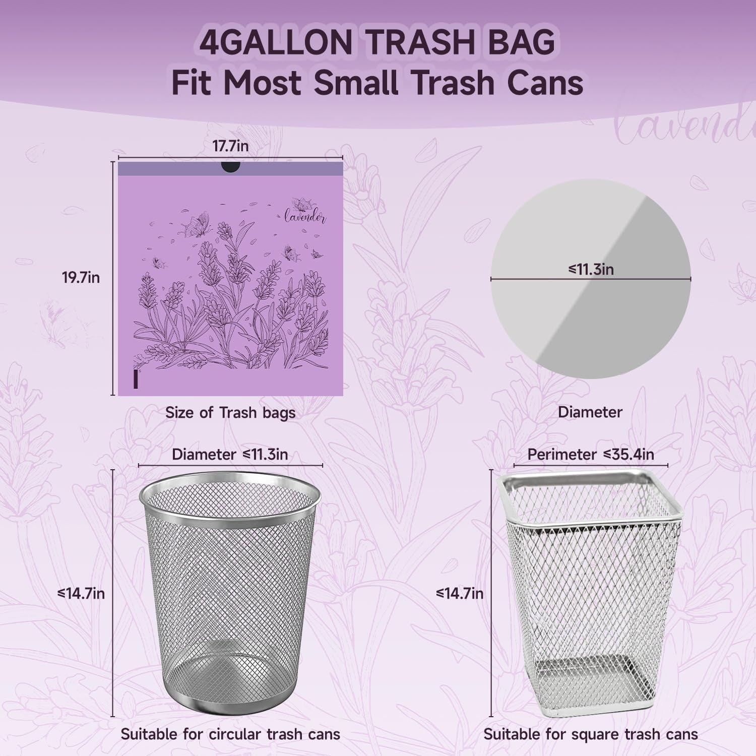 Lavender Scented Small Garbage Bags,Trash Bags 4 Gallon Drawstring for Bathroom,Office,Bedroom,Car,Suitable for 2-4 Gallon Trash Can,Colorful Print,Purple,50 Counts