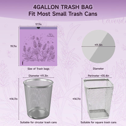 Lavender Scented Small Garbage Bags,Trash Bags 4 Gallon Drawstring for Bathroom,Office,Bedroom,Car,Suitable for 2-4 Gallon Trash Can,Colorful Print,Purple,50 Counts